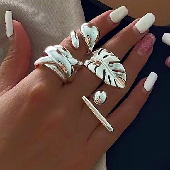 Silver Feather Leaf Leaves Ring Adjustable Stainless Steel Gold Plated - Picture 2 of 8